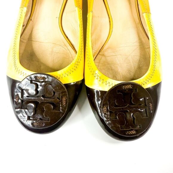 Tory Burch Eddie Ballet Flats Yellow Patent Leather Cap Toe Brown Logo Women’s 9 - Picture 8 of 8